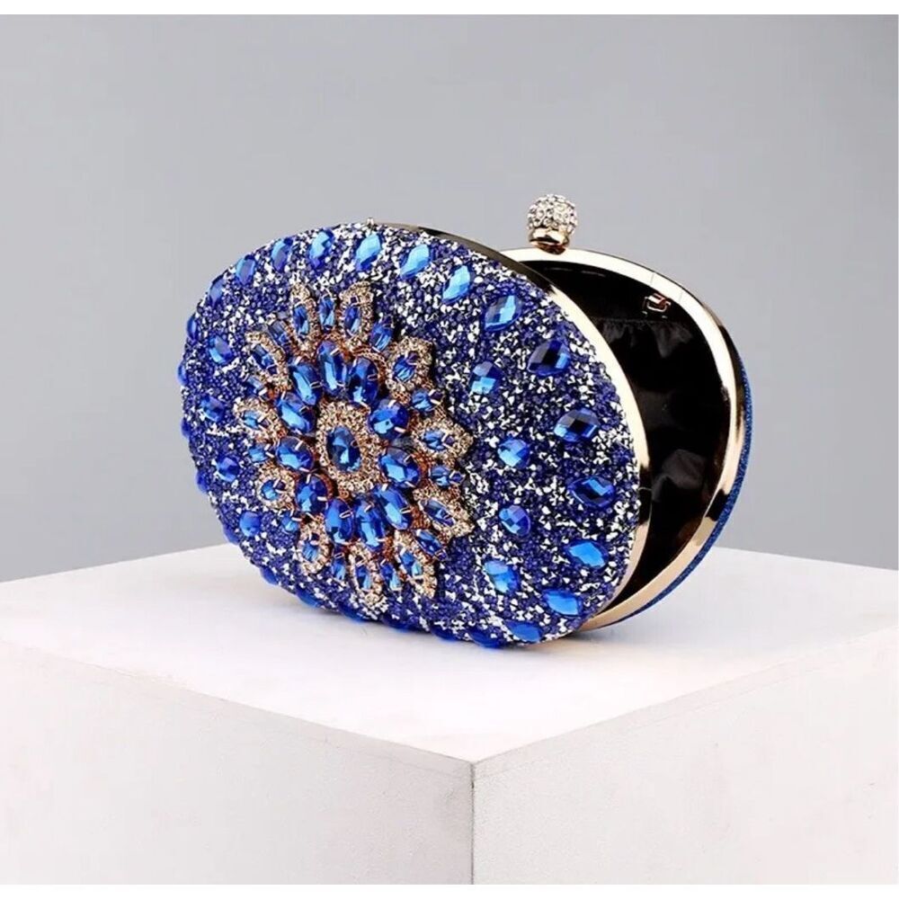Ramla handmade Sparkling Blue Simulate Diamond Womens Clutch Handbag with strap - Picture 11 of 11